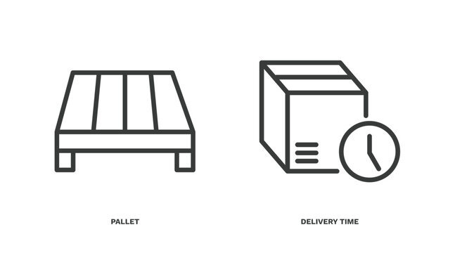 set of delivery and logistics thin line icons. delivery and logistics outline icons included pallet, delivery time vector.