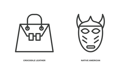 set of culture and civilization thin line icons. culture and civilization outline icons included crocodile leather bag, native american mask vector.