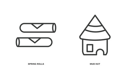 set of culture and civilization thin line icons. culture and civilization outline icons included spring rolls, mud hut vector.