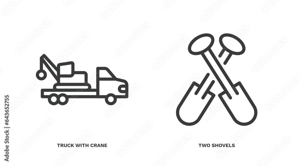 Poster set of construction thin line icons. construction outline icons included truck with crane, two shovels vector.