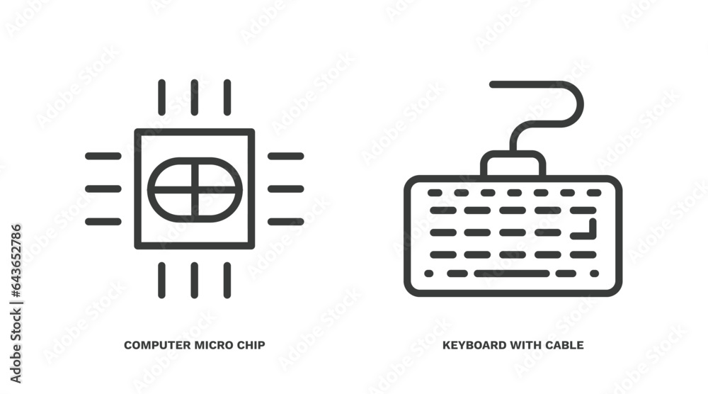 Wall mural set of computer and tech thin line icons. computer and tech outline icons included computer micro chip, keyboard with cable vector.