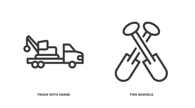 set of construction thin line icons. construction outline icons included truck with crane, two shovels vector.