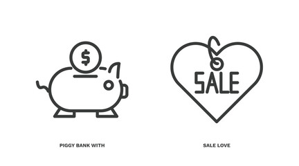 set of commerce and marketing thin line icons. commerce and marketing outline icons included piggy bank with coin, sale love vector.