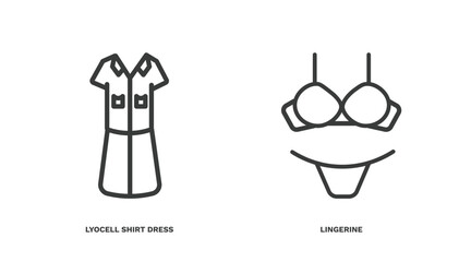 set of clothes and outfit thin line icons. clothes and outfit outline icons included lyocell shirt dress, lingerine vector.