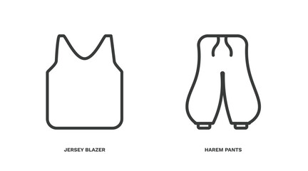 set of clothes and outfit thin line icons. clothes and outfit outline icons included jersey blazer, harem pants vector.