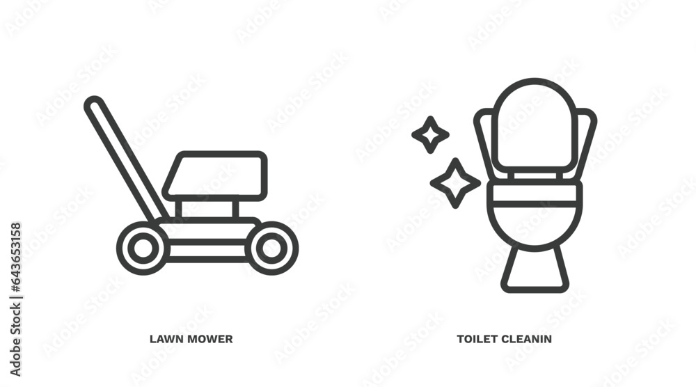 Poster set of cleaning thin line icons. cleaning outline icons included lawn mower, toilet cleanin vector.