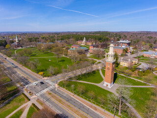Phillips Academy aerial view in spring including Clock Tower at 180 Main Street in historic town...