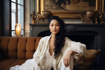 Fototapeta premium a photo of a gorgeous young asian woman sitting on a couch in a luxurious posh living room, parisian style interior with tall windows, white paneled walls, fireplace, golden sophisticated decoration