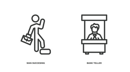 set of business and finance thin line icons. business and finance outline icons included man succesing, bank teller vector.