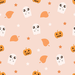 Seamless halloween pattern with ghosts,pumpkins,leaves.Vector pattern.