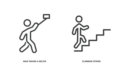 set of behavior and action thin line icons. behavior and action outline icons included man taking a selfie, climbing stairs vector.