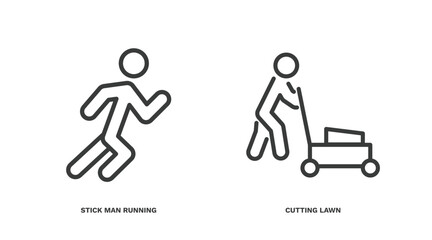 set of behavior and action thin line icons. behavior and action outline icons included stick man running, cutting lawn vector.