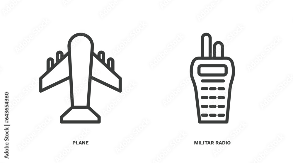 Sticker set of military and war and thin line icons. military and war outline icons included plane, militar radio vector.