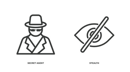 set of military and war and thin line icons. military and war outline icons included secret agent, stealth vector.