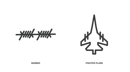 set of military and war and thin line icons. military and war outline icons included barbed, fighter plane vector.