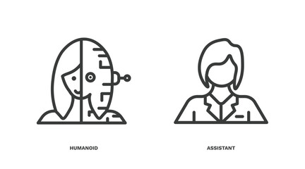 set of ai and future technology thin line icons. ai and future technology outline icons included humanoid, assistant vector.