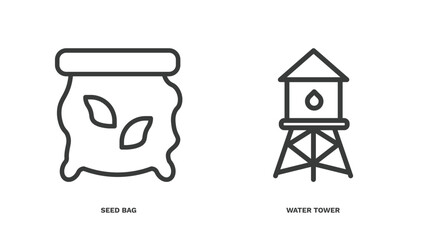 set of agriculture and farm thin line icons. agriculture and farm outline icons included seed bag, water tower vector.