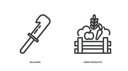 set of agriculture and farm thin line icons. agriculture and farm outline icons included billhook, farm products vector.