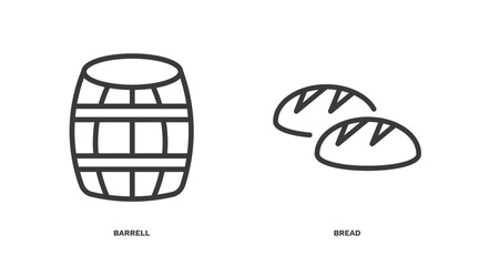 set of agriculture and farm thin line icons. agriculture and farm outline icons included barrell, bread vector.