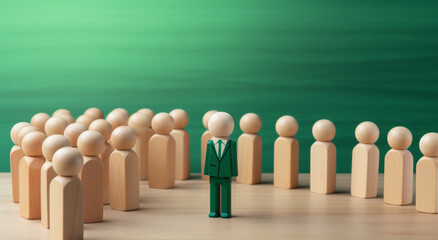 A Leader Wooden person model among people, Leadership concept. 3D illustration on green background.