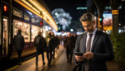 Fototapeta premium Businessman using his mobile phone in a busy city street at night