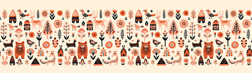 Simple minimalist Scandinavian pattern with forest animals cozy cottages