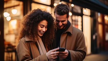 Young man and woman looking at mobile phone while walking in the city