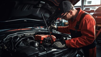 Car mechanic working in auto repair service. Auto mechanic repairing a car.