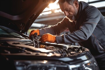 Professional car mechanic working in auto repair shop. Auto service industry.