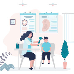 Child at doctor appointment in hospital. ENT examining ears of kid. Otolaryngologist checking boy patient. Interior of pediatric clinic office. Physician consultation or check up.