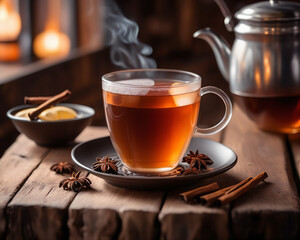 Fototapeta premium cup of tea on wooden table, created using AI generative technology