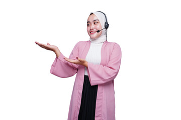 Smiling asian hijab woman customer services presenting
