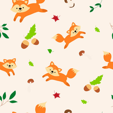 Seamless forest pattern with cute forest animals - fox, deer, hedgehog, squirrel, bear illustrations. Vector illustration