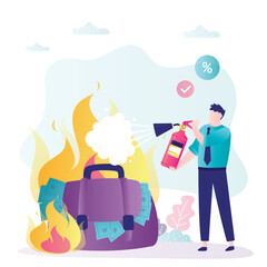 Burning money, concept. Financial trouble, money in fire and businessman extinguishes flames. Inflation, economy bankruptcy risk and rapid money value and wealth lost.