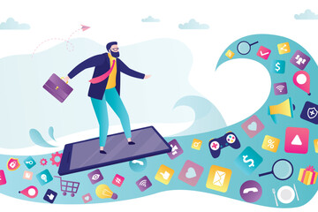 Male user surfing on smartphone, giant social media wave on smartphone, surfer businessman looking online web pages and apps. Digital, cyber addiction. Icons of various media content.