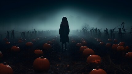 A person surrounded by pumpkins in a spooky Halloween field - obrazy, fototapety, plakaty