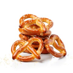 A pile of crispy pretzels on the white background. Generative AI.