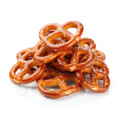 A pile of crispy pretzels on the white background. Generative AI.