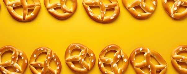 Tasty crispy pretzels on the yellow background. Top view. Generative AI.