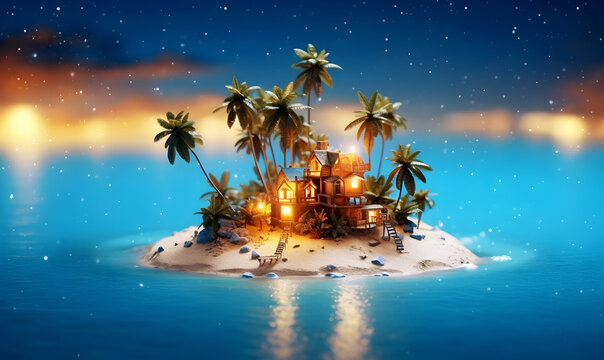 Small island with palms and house in ocean under blue sky with stars.