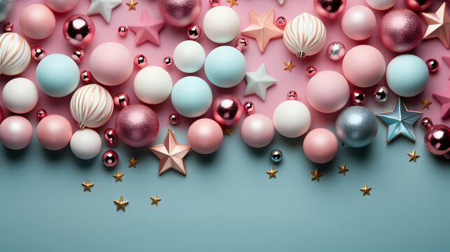 Merry Christmas and New Year background in pastel shades, Christmas decorations backdrop.