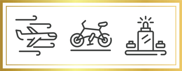 airport outline icons set. linear icons sheet included turbulence, road bike, luggage scan vector.