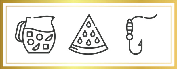summer outline icons set. linear icons sheet included sangria, slice of melon, fish and hook vector.