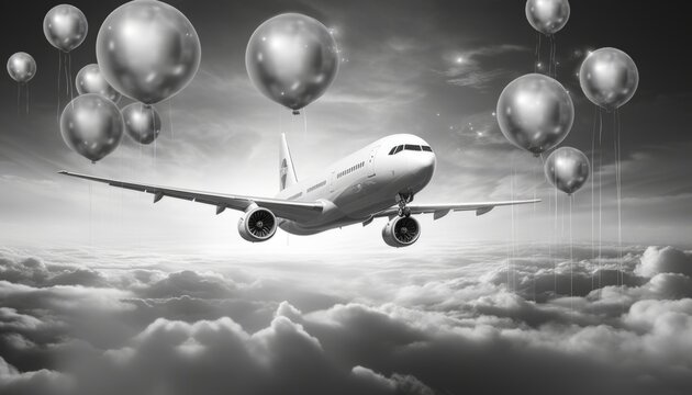 Passenger plane flies in festive balloons, airliner in the sky. Created with AI