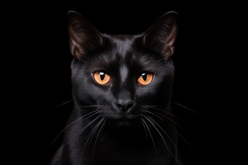 Obraz premium Fluffy cute black british cat with orange eyes isolated on dark background. Halloween concept. Cute domestic pet. Background with copy space