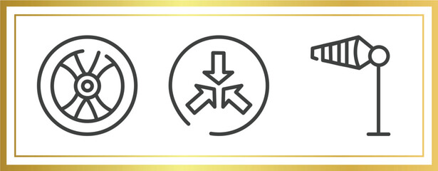 airport outline icons set. linear icons sheet included wheel vehicle part, converging, wind flag vector.