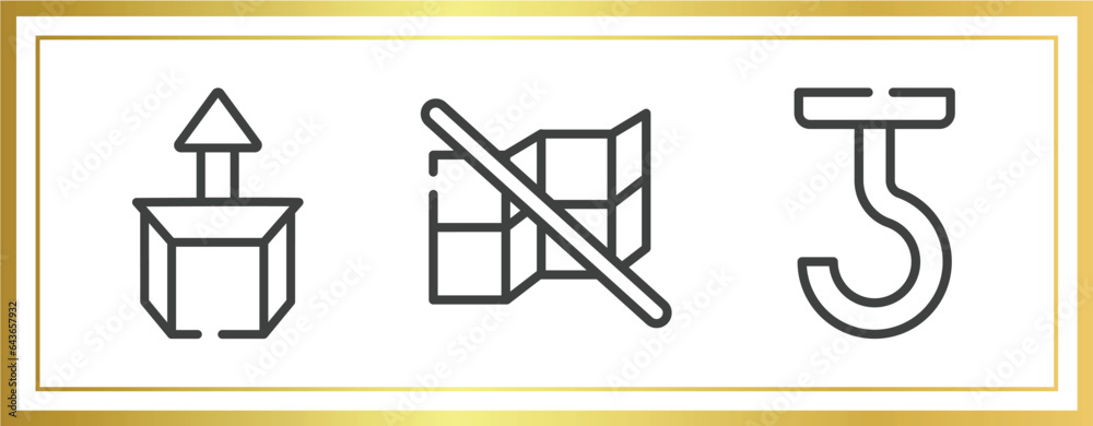 Poster shipping and handly outline icons set. linear icons sheet included cardboard box with arrow, do not 