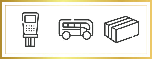 boxes outline icons set. linear icons sheet included payment terminal, buses, cardboard box with packing tape vector.
