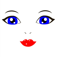 Vector illustration of doll face on white background. Simple concept elements for design. Blue eyes and red lips. Flat objects. Elements for card, wallpaper, banner, print.