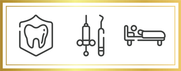 health outline icons set. linear icons sheet included dental insurance, dentist tools, man in bed vector.